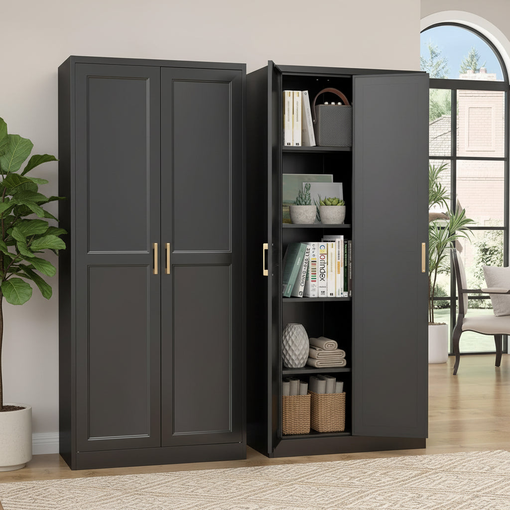 Kitchen Pantry Cabinet,71”Black Metal Pantry Storage Cabinet with Doors and 4 Adjustable Shelves,Kitchen Cabinet with 2 Gold Handles,Tall Cabinet for Livingroom,Pantry, Bathroom