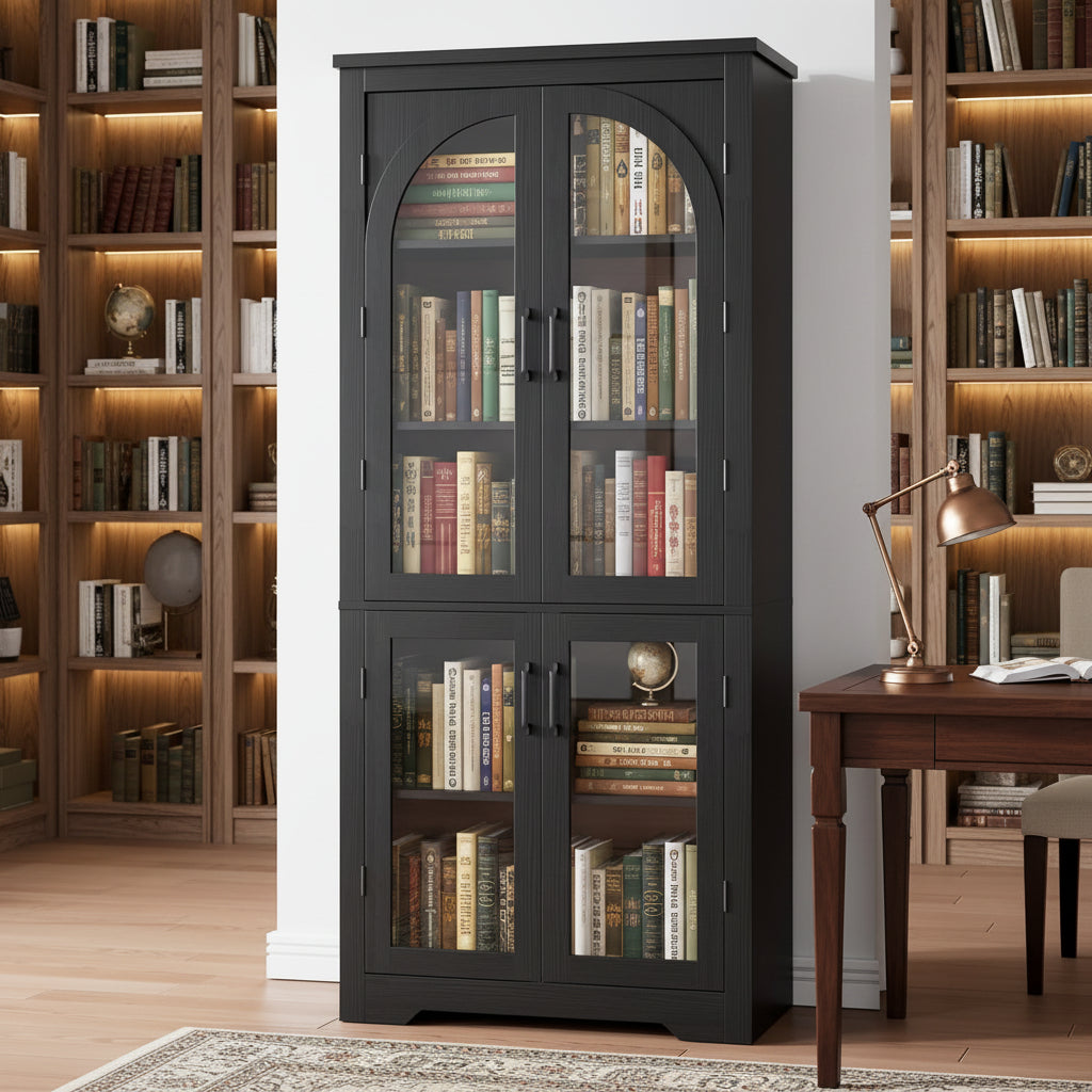 70" Tall Kitchen Pantry Cabinet - Modern Display Cabinet with 4 Arched Glass Doors and Adjustable Shelves, Versatile Cupboard Organizers for Kitchen, Dining Room, Living Room, Bathroom
