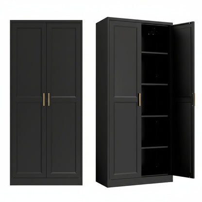 Kitchen Pantry Cabinet,71”Black Metal Pantry Storage Cabinet with Doors and 4 Adjustable Shelves,Kitchen Cabinet with 2 Gold Handles,Tall Cabinet for Livingroom,Pantry, Bathroom