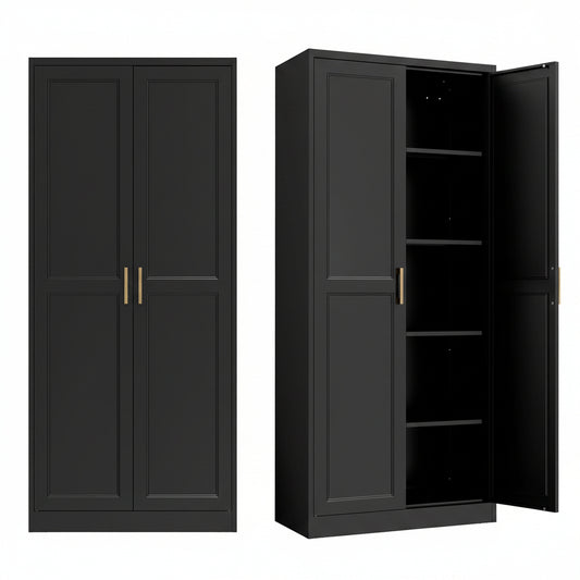 Kitchen Pantry Cabinet,71”Black Metal Pantry Storage Cabinet with Doors and 4 Adjustable Shelves,Kitchen Cabinet with 2 Gold Handles,Tall Cabinet for Livingroom,Pantry, Bathroom