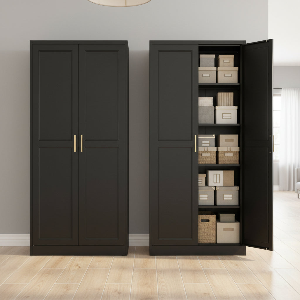 Kitchen Pantry Cabinet,71”Black Metal Pantry Storage Cabinet with Doors and 4 Adjustable Shelves,Kitchen Cabinet with 2 Gold Handles,Tall Cabinet for Livingroom,Pantry, Bathroom