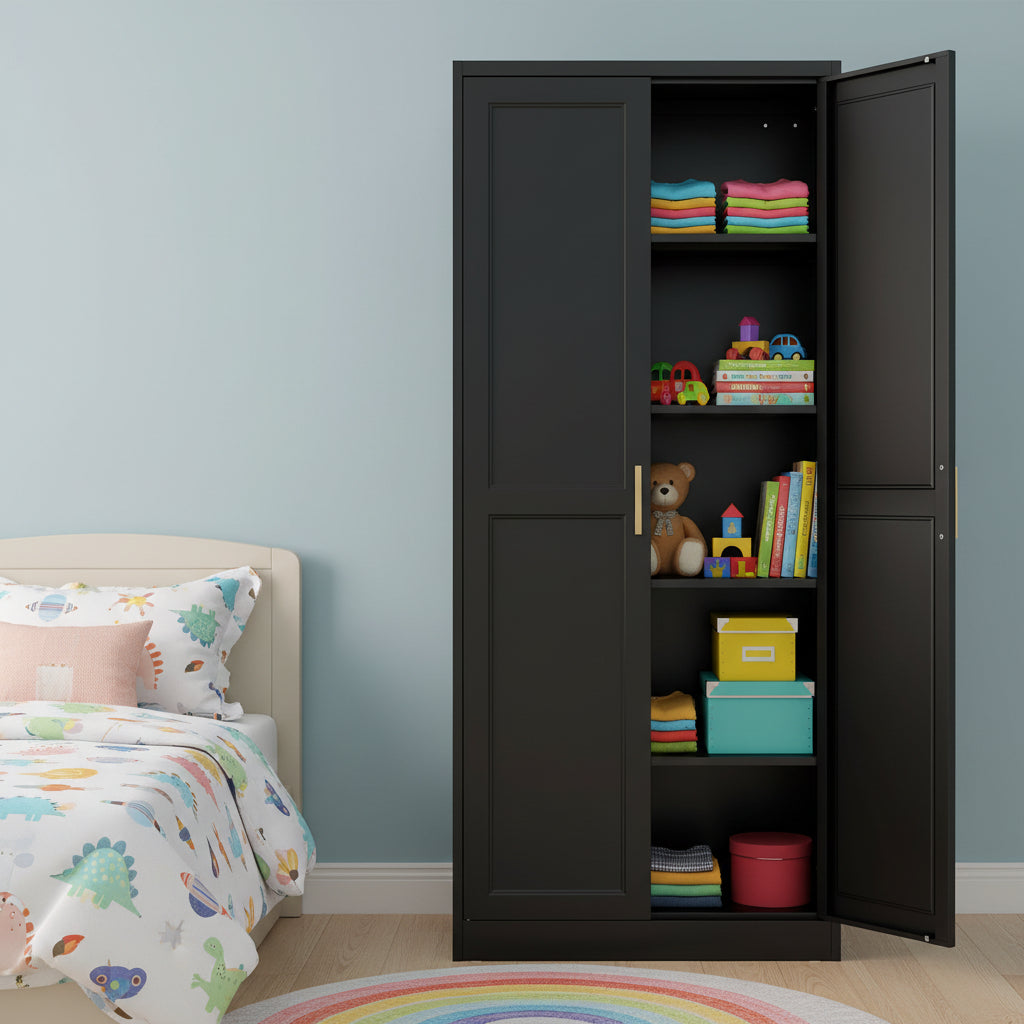 Kitchen Pantry Cabinet,71”Black Metal Pantry Storage Cabinet with Doors and 4 Adjustable Shelves,Kitchen Cabinet with 2 Gold Handles,Tall Cabinet for Livingroom,Pantry, Bathroom