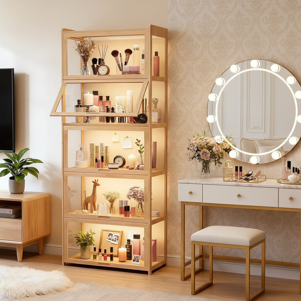 Display Cabinet with Acrylic Doors, 5-Tier Curio Cabinet for Collectibles, Display Case Showcase for Living Room, Office, 27.5"(L) x 13.5"(W) x 67.5"(H), Natural