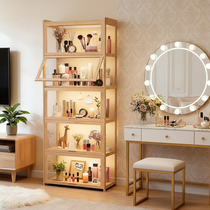 Display Cabinet with Acrylic Doors, 5-Tier Curio Cabinet for Collectibles, Display Case Showcase for Living Room, Office, 27.5"(L) x 13.5"(W) x 67.5"(H), Natural
