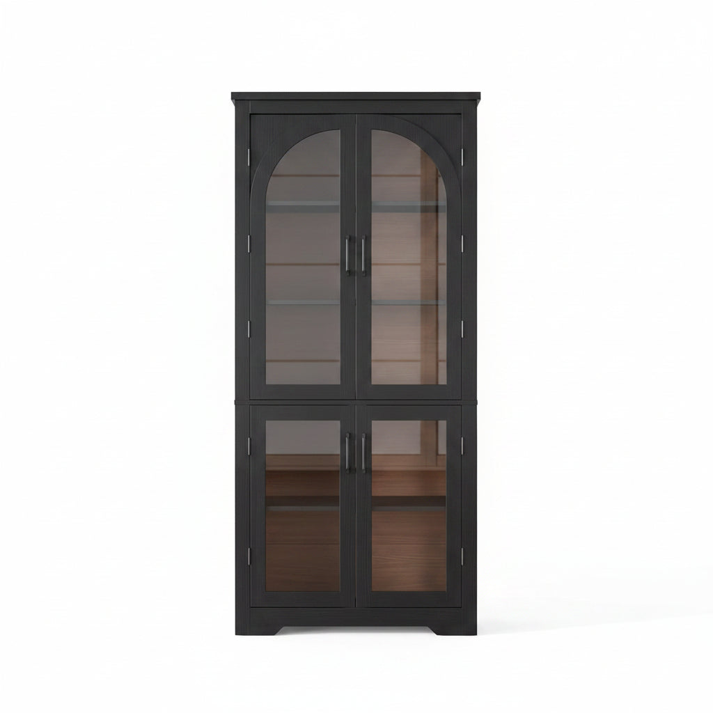 70" Tall Kitchen Pantry Cabinet - Modern Display Cabinet with 4 Arched Glass Doors and Adjustable Shelves, Versatile Cupboard Organizers for Kitchen, Dining Room, Living Room, Bathroom