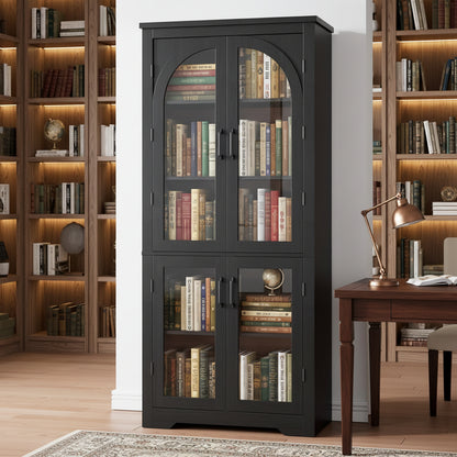 70" Tall Kitchen Pantry Cabinet - Modern Display Cabinet with 4 Arched Glass Doors and Adjustable Shelves, Versatile Cupboard Organizers for Kitchen, Dining Room, Living Room, Bathroom
