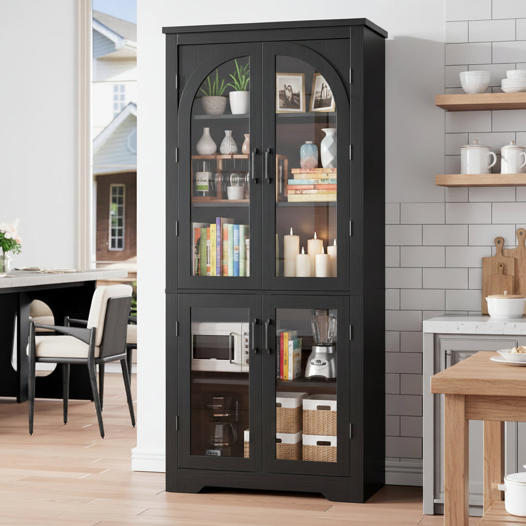 70" Tall Kitchen Pantry Cabinet - Modern Display Cabinet with 4 Arched Glass Doors and Adjustable Shelves, Versatile Cupboard Organizers for Kitchen, Dining Room, Living Room, Bathroom