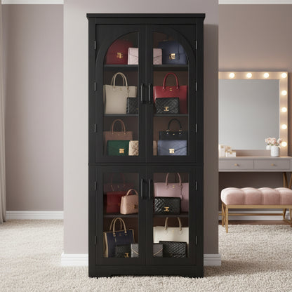 70" Tall Kitchen Pantry Cabinet - Modern Display Cabinet with 4 Arched Glass Doors and Adjustable Shelves, Versatile Cupboard Organizers for Kitchen, Dining Room, Living Room, Bathroom
