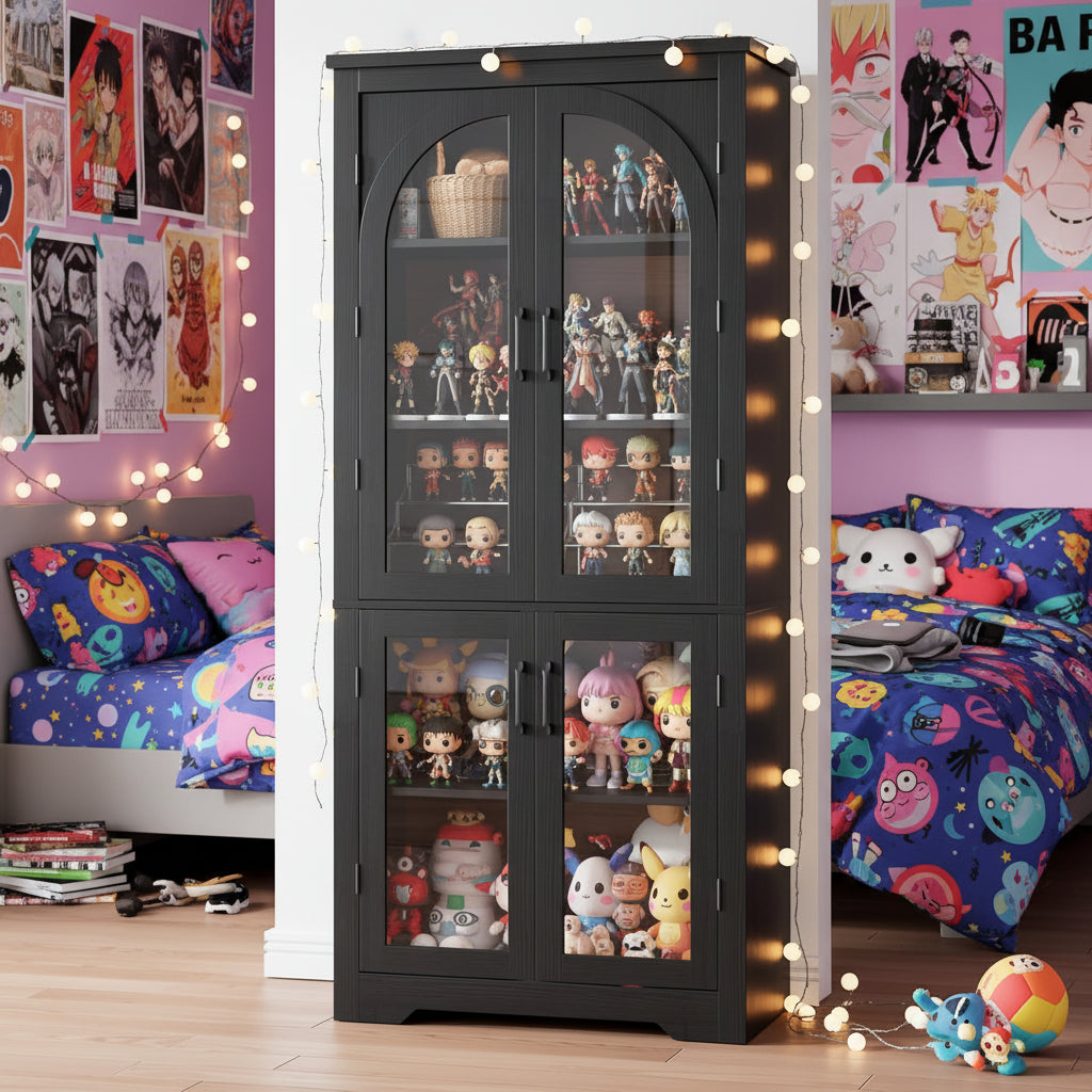 70" Tall Kitchen Pantry Cabinet - Modern Display Cabinet with 4 Arched Glass Doors and Adjustable Shelves, Versatile Cupboard Organizers for Kitchen, Dining Room, Living Room, Bathroom