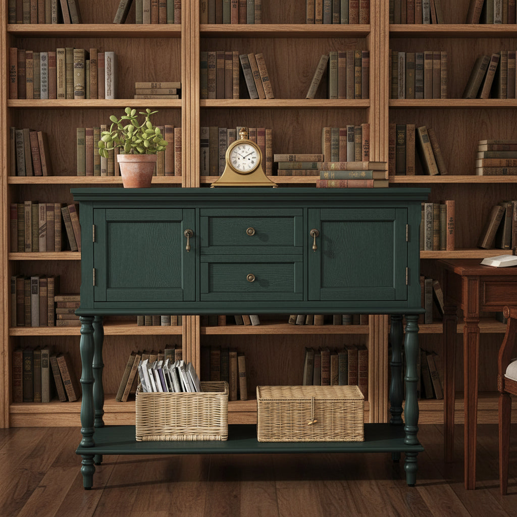 Console Table with 2 Drawers, Retro Entryway Table with 2 Door Cabinets and Open Storage Shelf, Narrow Long Behind Couch Sofa Table for Living Room, Foyer, Hallway