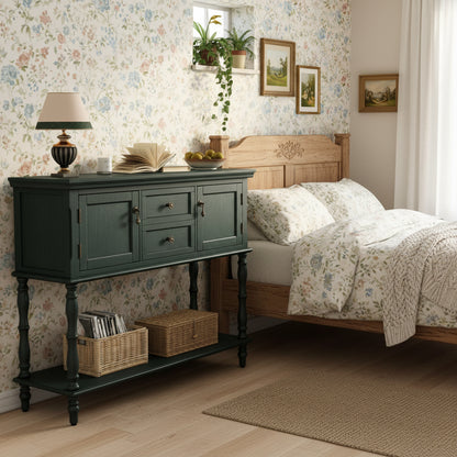 Console Table with 2 Drawers, Retro Entryway Table with 2 Door Cabinets and Open Storage Shelf, Narrow Long Behind Couch Sofa Table for Living Room, Foyer, Hallway