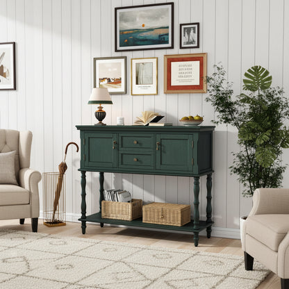 Console Table with 2 Drawers, Retro Entryway Table with 2 Door Cabinets and Open Storage Shelf, Narrow Long Behind Couch Sofa Table for Living Room, Foyer, Hallway