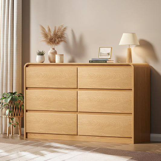 6 Drawer Dresser for Bedroom, Natural Modern Wood Chest of Drawers & Closet Organizer, Cabinet with Fluted Panel for Bedroom, Living Room, Hallway