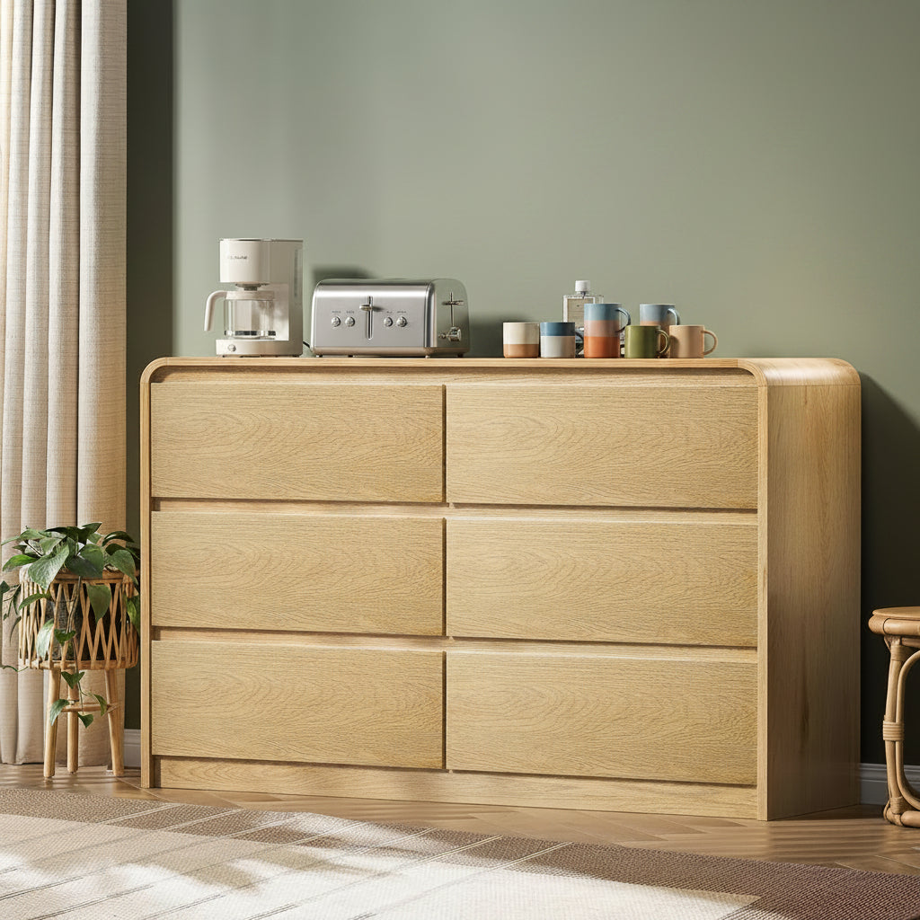 6 Drawer Dresser for Bedroom, Natural Modern Wood Chest of Drawers & Closet Organizer, Cabinet with Fluted Panel for Bedroom, Living Room, Hallway
