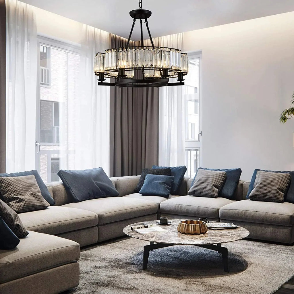 Alis 6 Lights Round Black Frame Crystal Pendant Chandelier  Seus Lighting