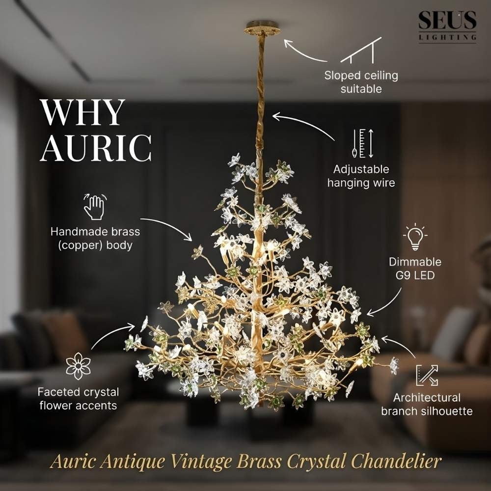 Auric Antique Vintage Brass Crystal Chandelier  Seus Lighting