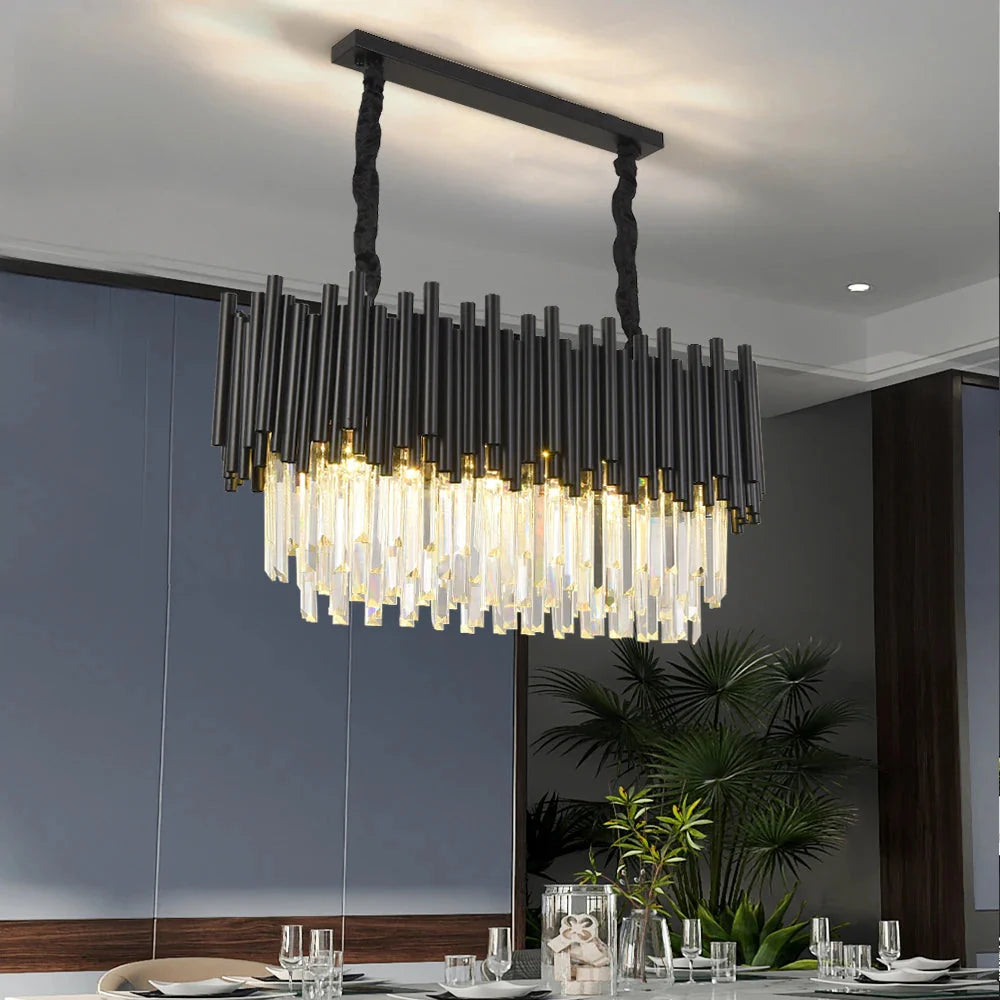 Finn Modern Black Linear Crystal Chandelier Dining Room  Seus Lighting