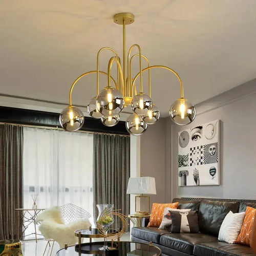 8 Light Led Glass Ball Chandelier Black/Gold - Gold / Grey / Warm light - Chandeliers