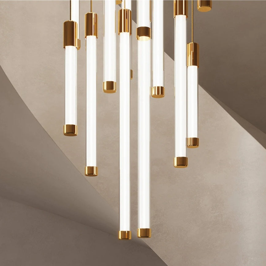Kate Modern Gold Tube LED Staircase Chandelier  Seus Lighting