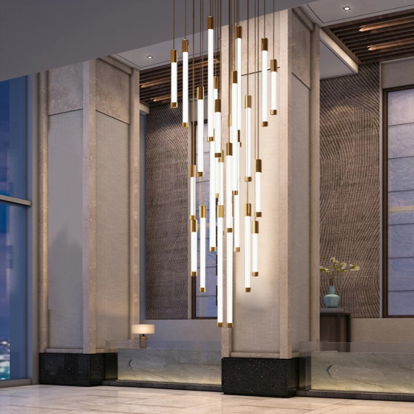 Kate Modern Gold Tube LED Staircase Chandelier  Seus Lighting