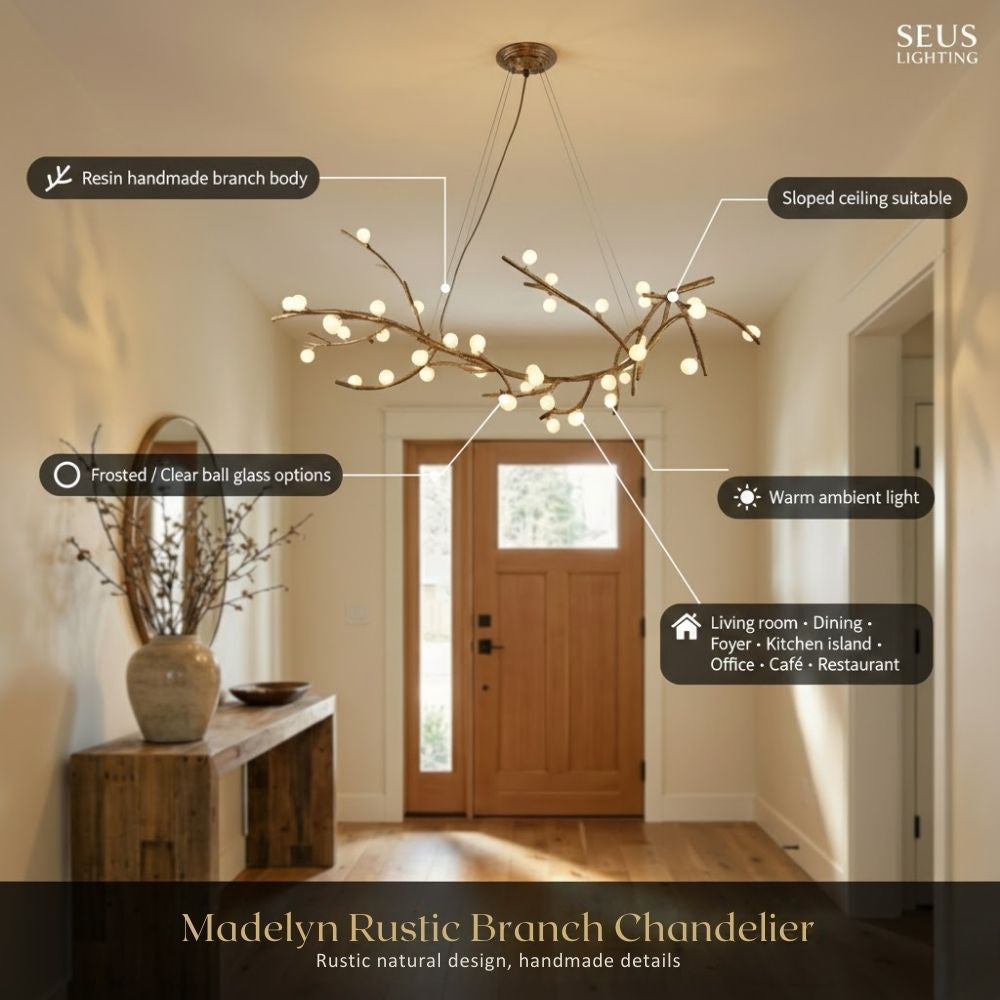 Madelyn Rustic Branch Chandelier Frosted/Clear Ball  Seus Lighting