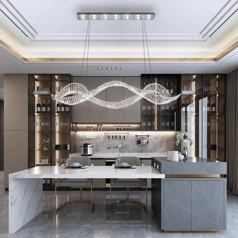 Modern Wave Crystal Chandelier Over Dining Table  Seus Lighting