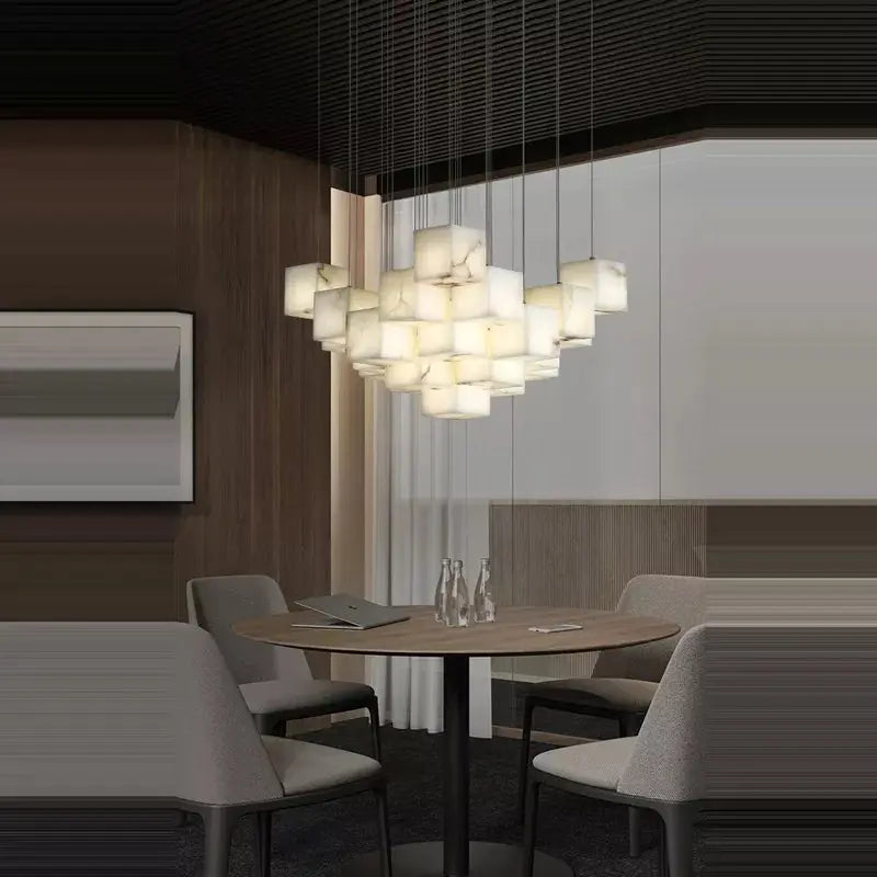 White Marble LED Cube Chandelier  Seus Lighting