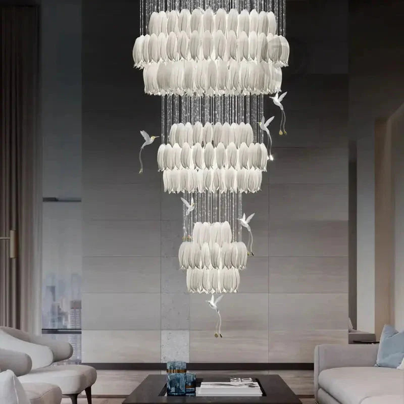 Yina White Ceramic Tulip Chandelier For Staircase  Seus Lighting
