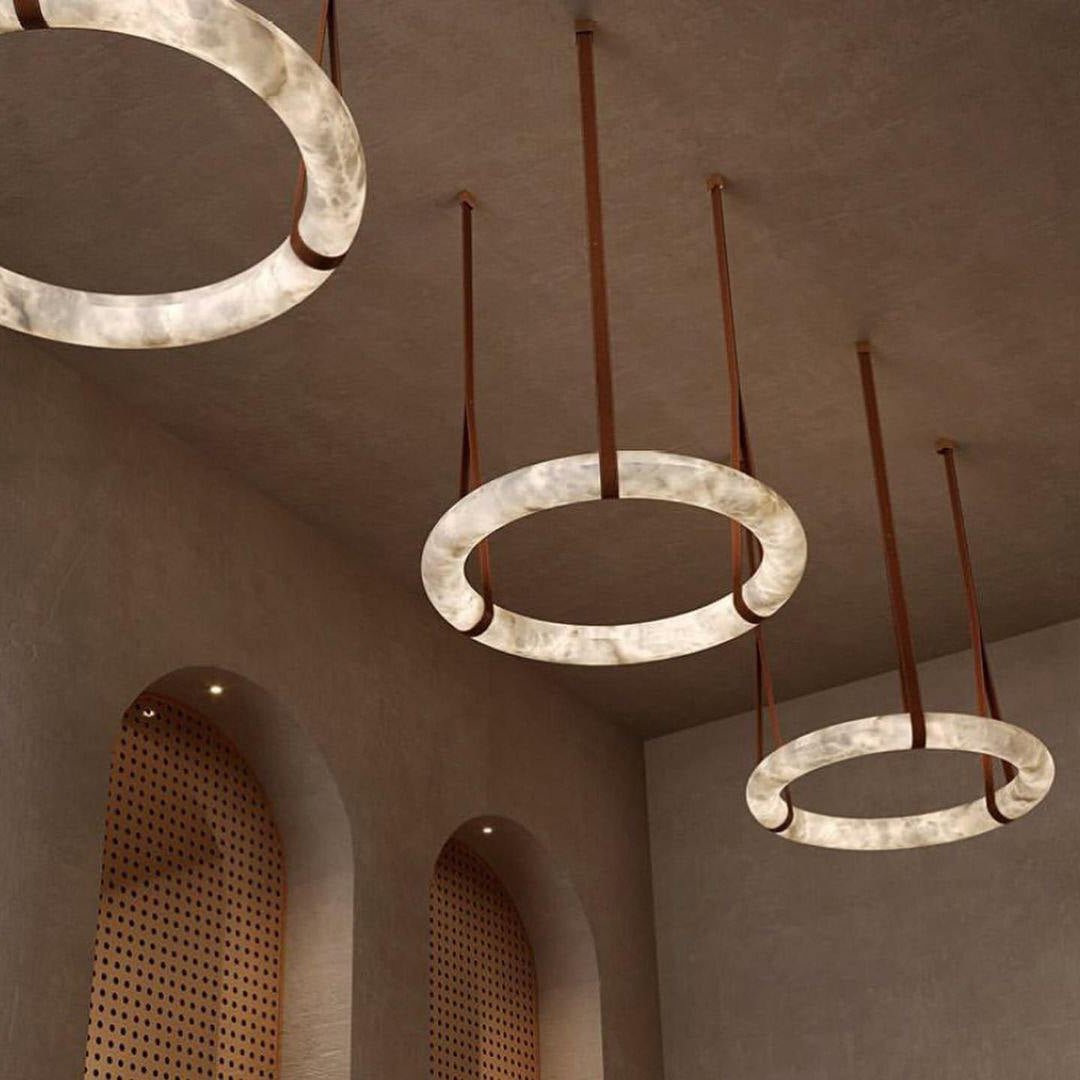 Annie Alabaster Pendant, Modern Chandelier with Leather Hook - orvaliadecor