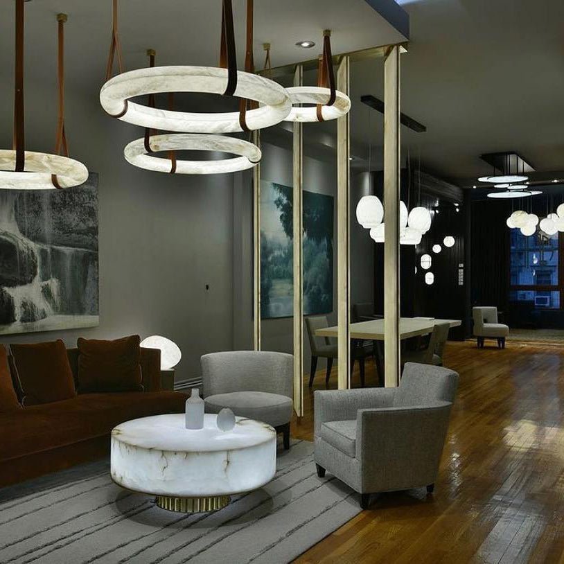 Annie Alabaster Pendant, Modern Chandelier with Leather Hook - orvaliadecor